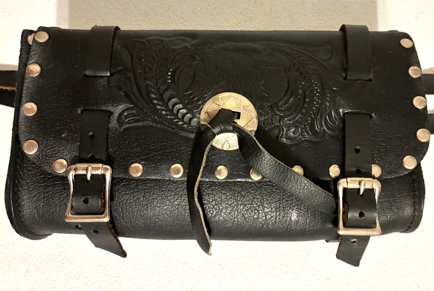 Handmade Black Leather Motorcycle Tool Bag Silver Concho Embossed Eagle USA