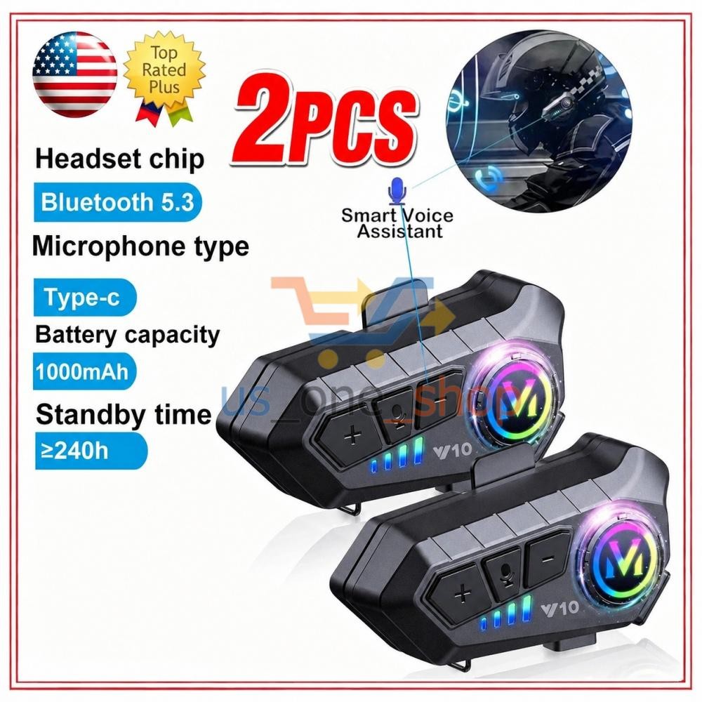 2PCS Bluetooth 5.3 Motorcycle Helmet Headset Waterproof Headphone Hands-Free LED