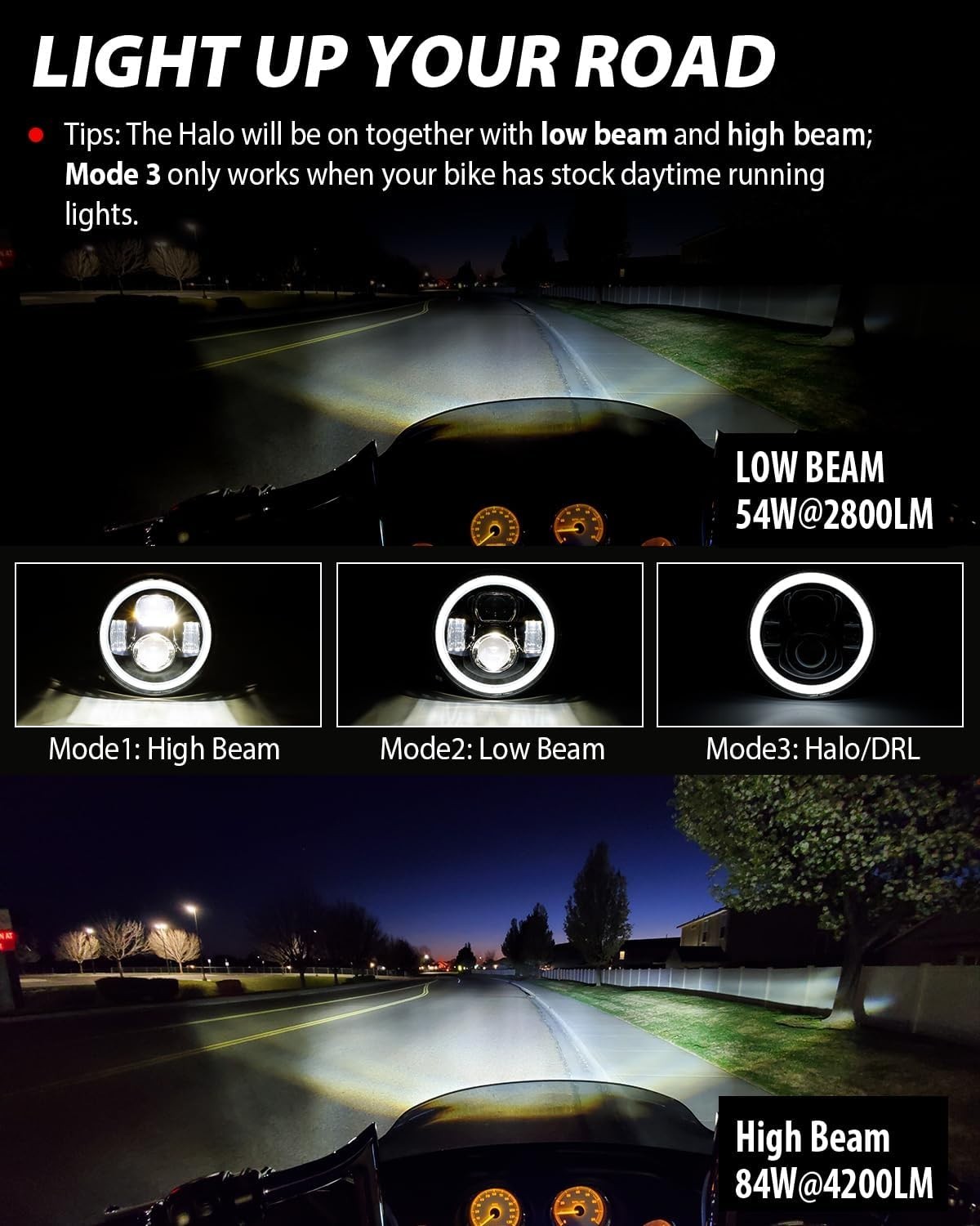 Superior 7 Inch LED Headlight for Harley & Yamaha with Waterproof Halo Design