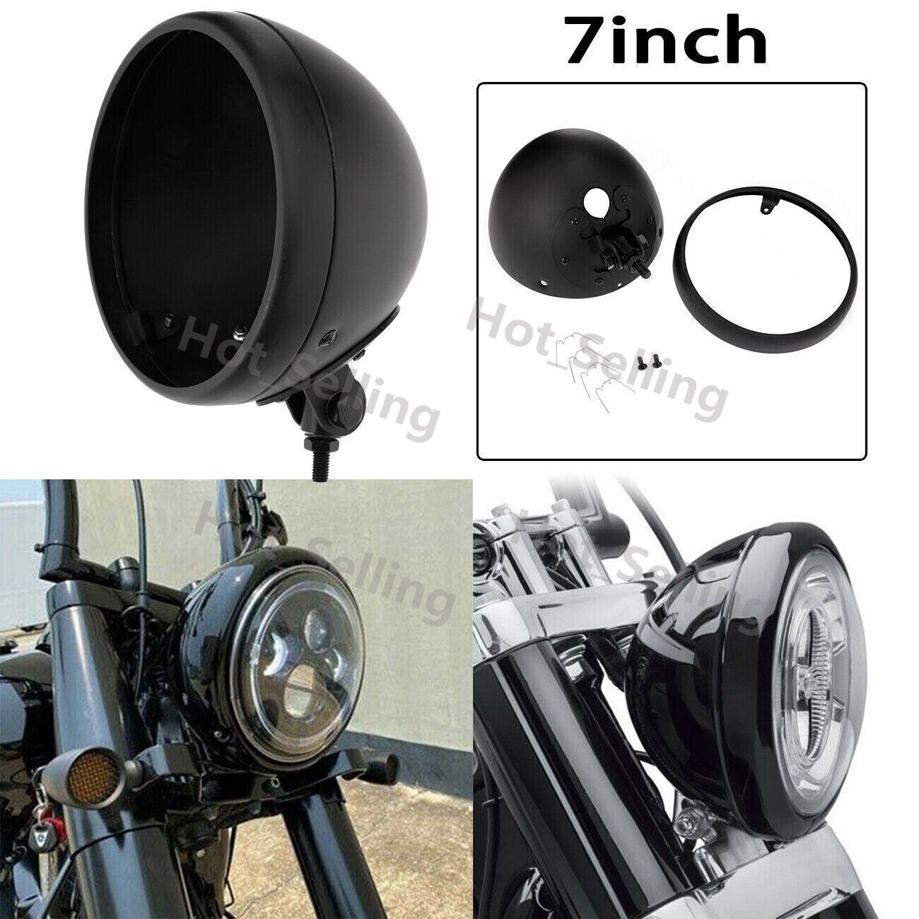 Black Motorcycle 7 Inch LED Headlight Light Housing Bucket Cover For Harley Dyna
