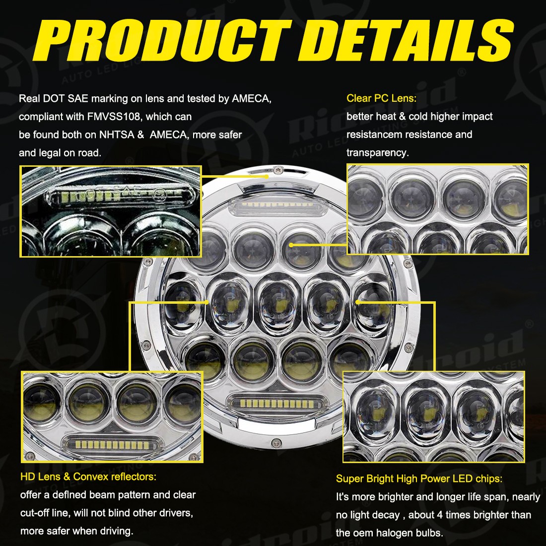 DOT 7″inch Round Motorcycle LED Headlight Hi/Low Beam DRL Headlamp For Harley
