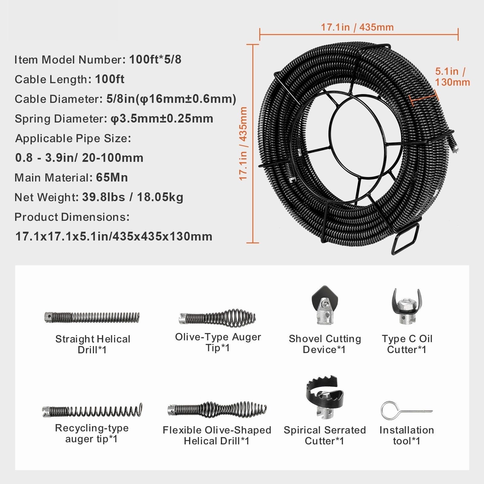 100ft 5/8in Sectional Drain Cable with 7 Cutters for Sewer Sink Floor Drain
