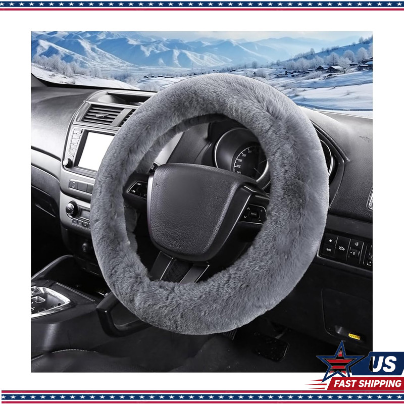 15 Inch Fluffy Soft Steering Wheel Cover, Gray Fuzzy Plush Protector Color: Gray