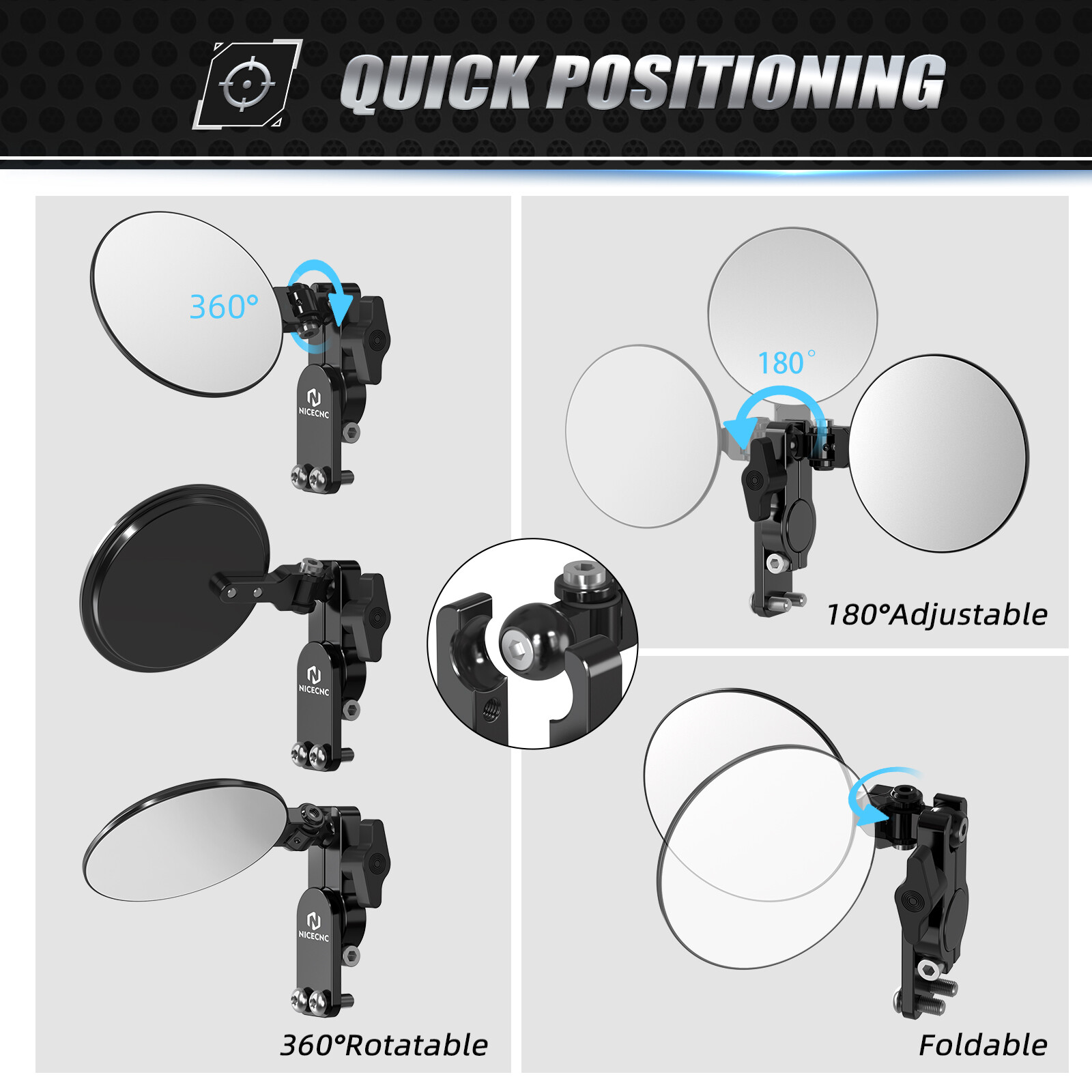 Universal Motorcycle Round Quick Flip Mirrors Kits Convex Glass For Off-Road