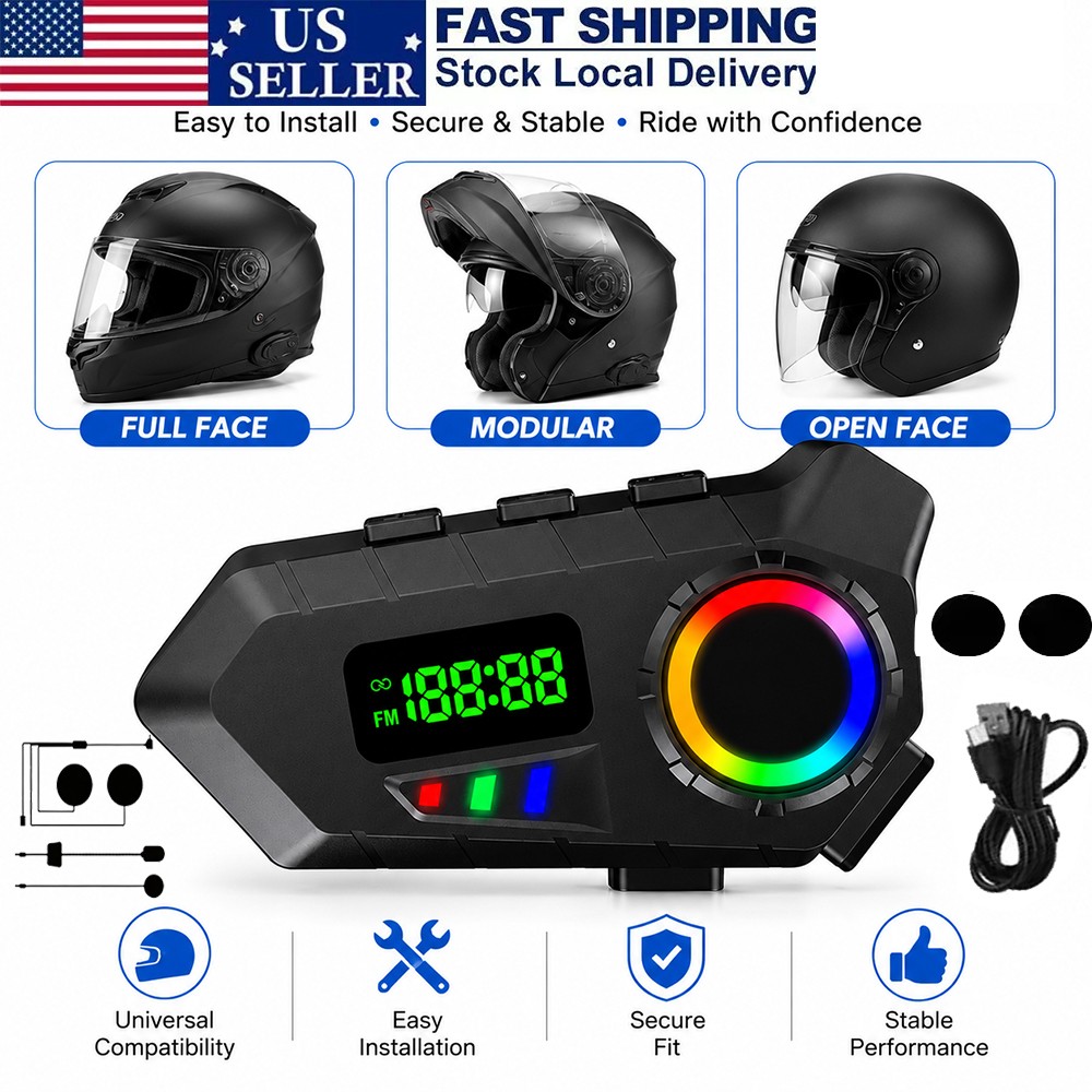Helmet Bluetooth 6.0 Headset Fits Full Face Open Face Modular Helmets Hands-Free