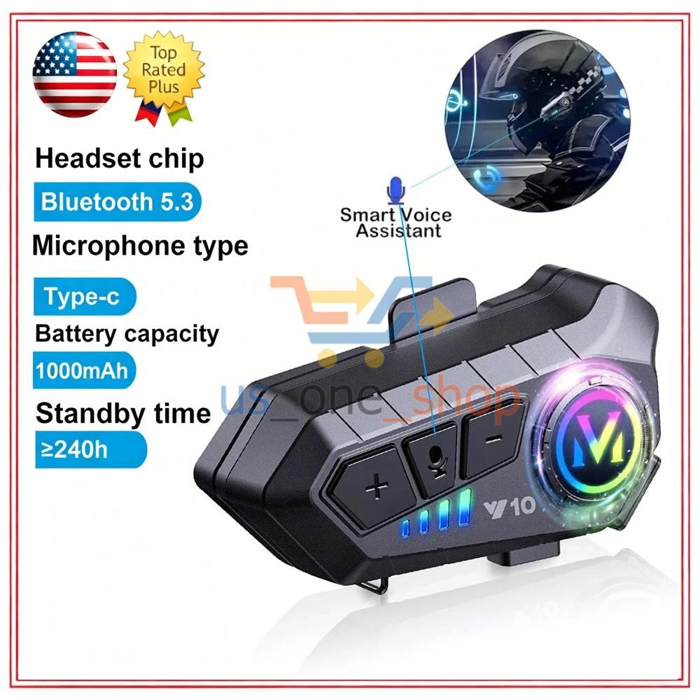 Bluetooth 5.3 Motorcycle Helmet Headset Waterproof Headphone Hands-Free LED IPX6