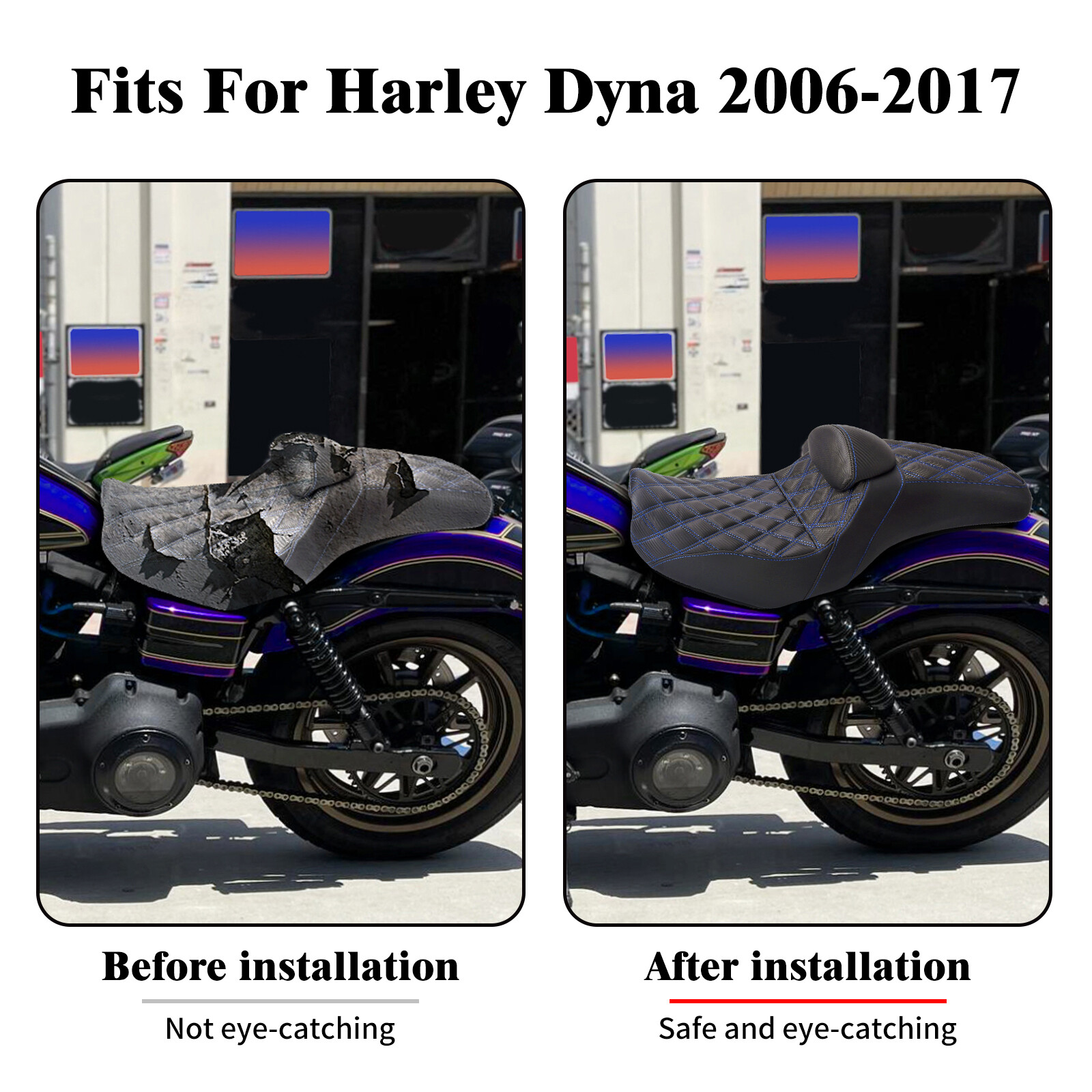 Drive Passenger Seat Blue Stitching Step Up W/ Backrest For Harley Dyna 06-17