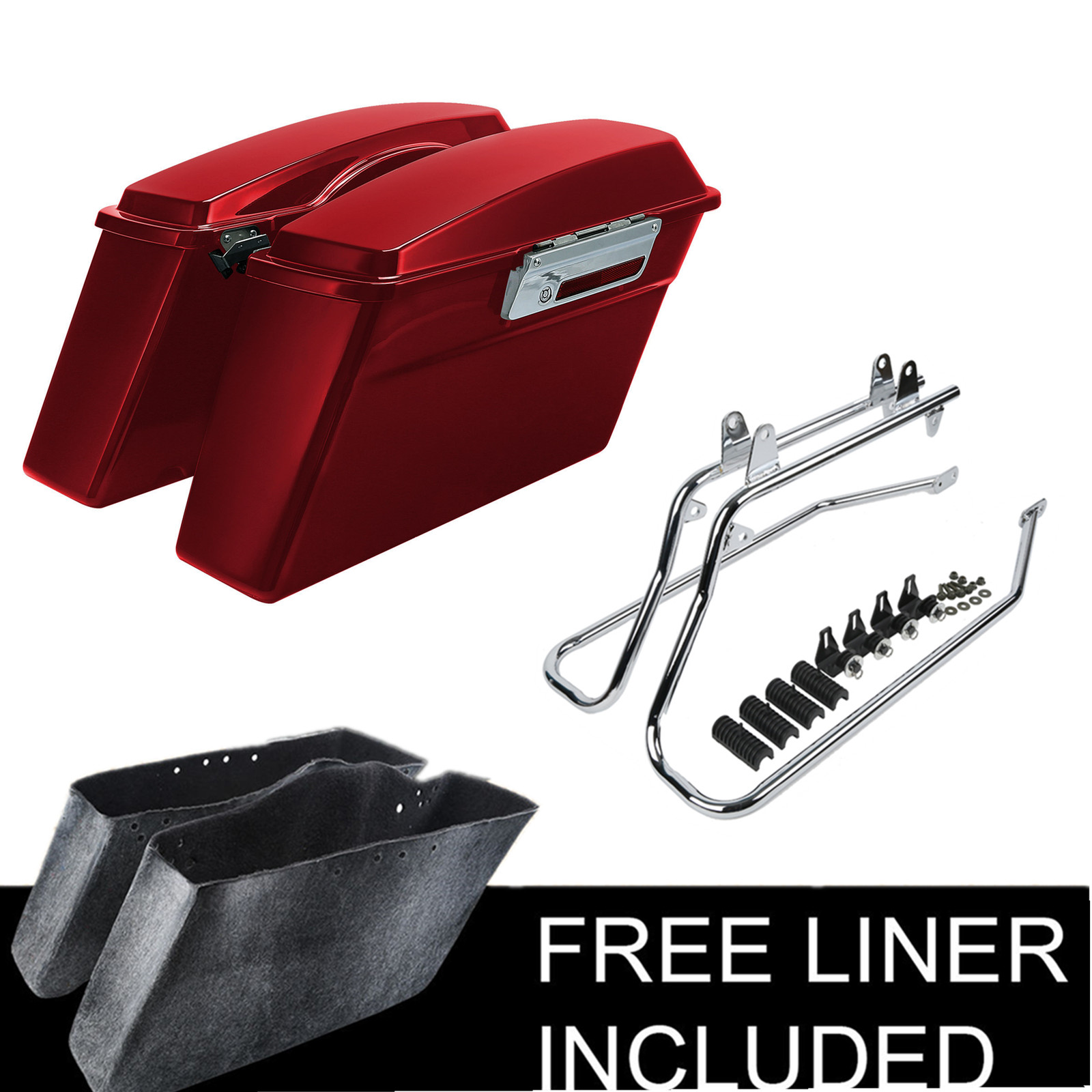 Red Hard Saddlebag & Chrome Conversion Bracket Fit For Harley Softail FLST 84-17