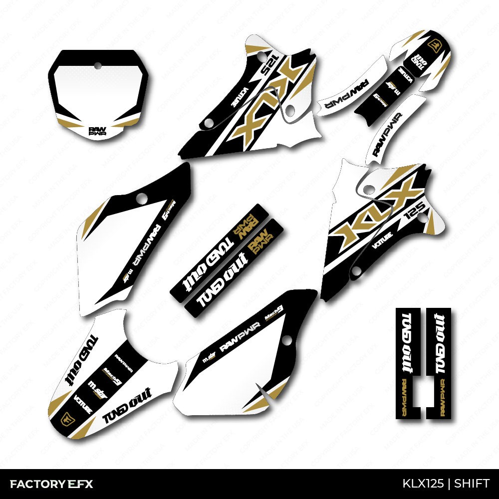 White & Gold Shift Racing Graphics kit fits 03-07 Kawasaki KLX125 KLX 125 decal
