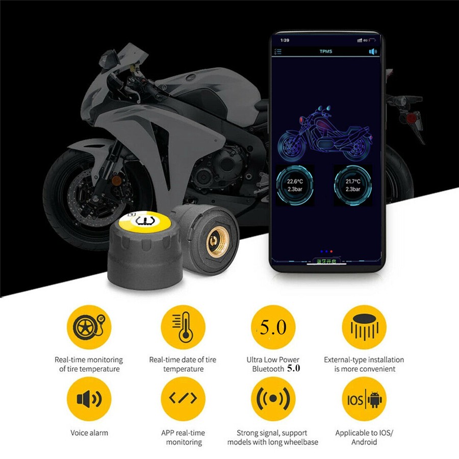 TPMS Bluetooth 5.0 Motorcycle Tire Pressure Monitor System & 2 External Sensor
