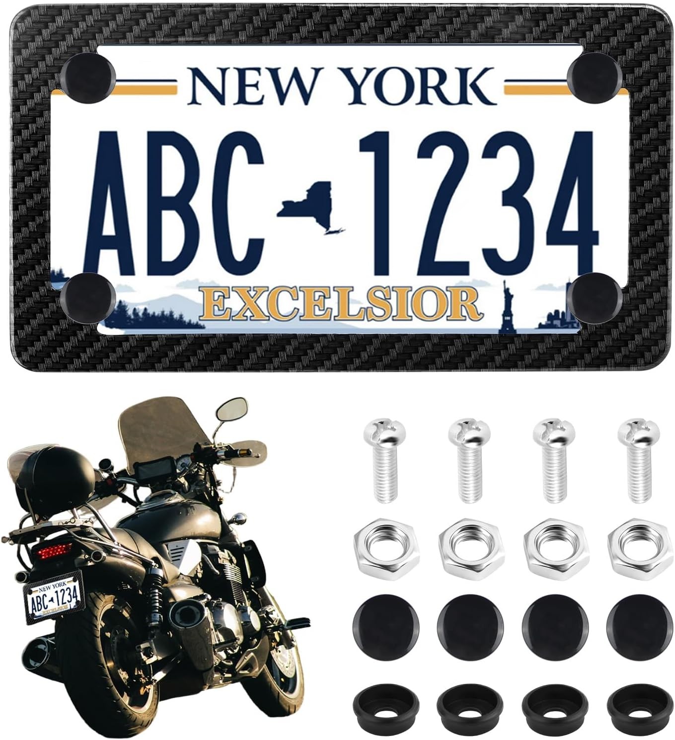 Fit Motorcycle License Plate Frame Carbon Fiber Tag Cover Protector with Caps