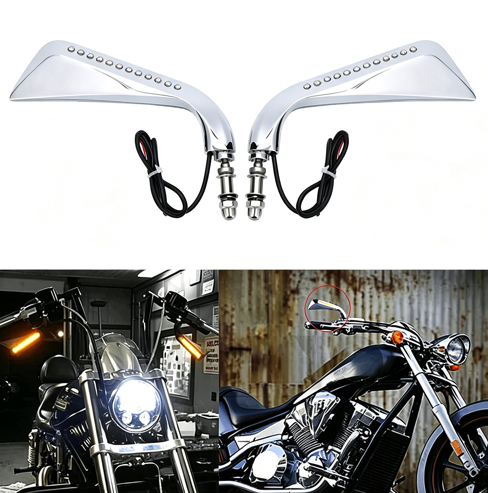 Left & Right Motorcycle Rearview Mirrors w/ LED Turn Signal for Harley Davidson