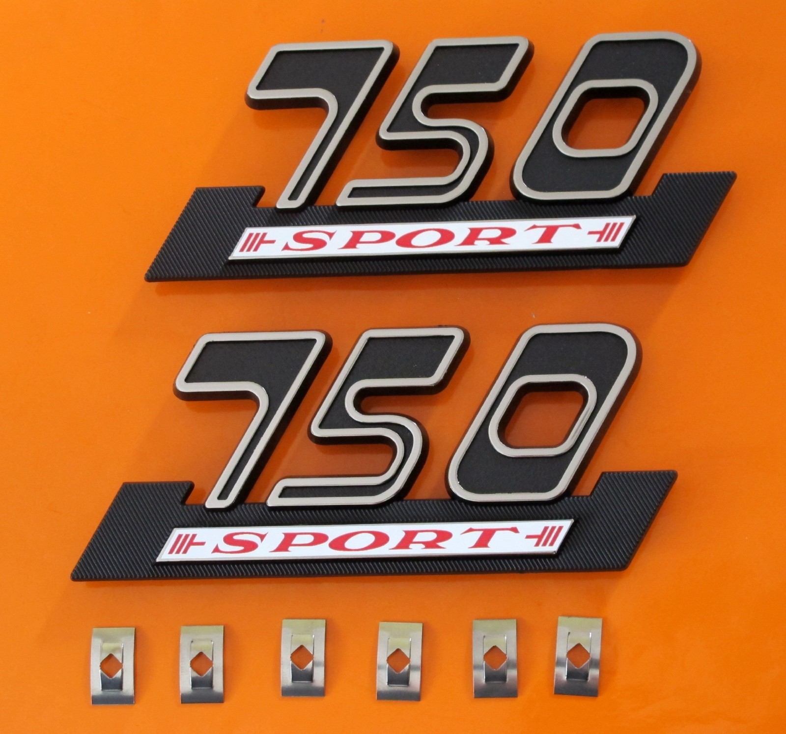 DUCATI 750 SPORT BEVEL PLASTIC SIDE PANEL BADGES PAIR CLIPS/DECALS APPLIED