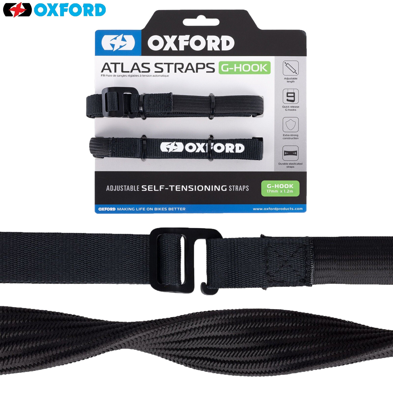 ROK Straps Oxford Atlas G Hook Motorcycle Motorbike Pair Black – 17mm x 1.2m