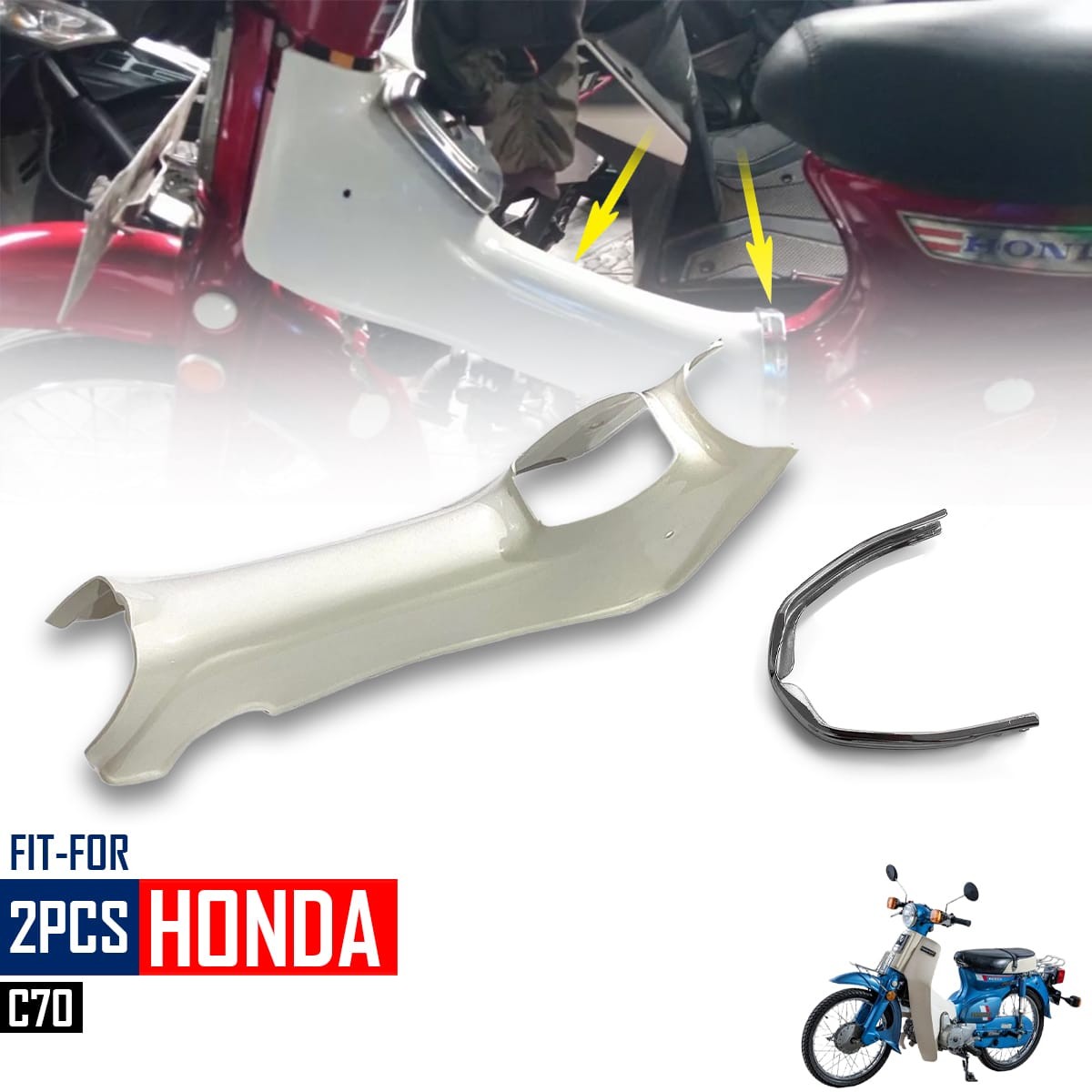 Honda C70 Passport Leg Shield Center Engine Cover Plastic White Metal Band