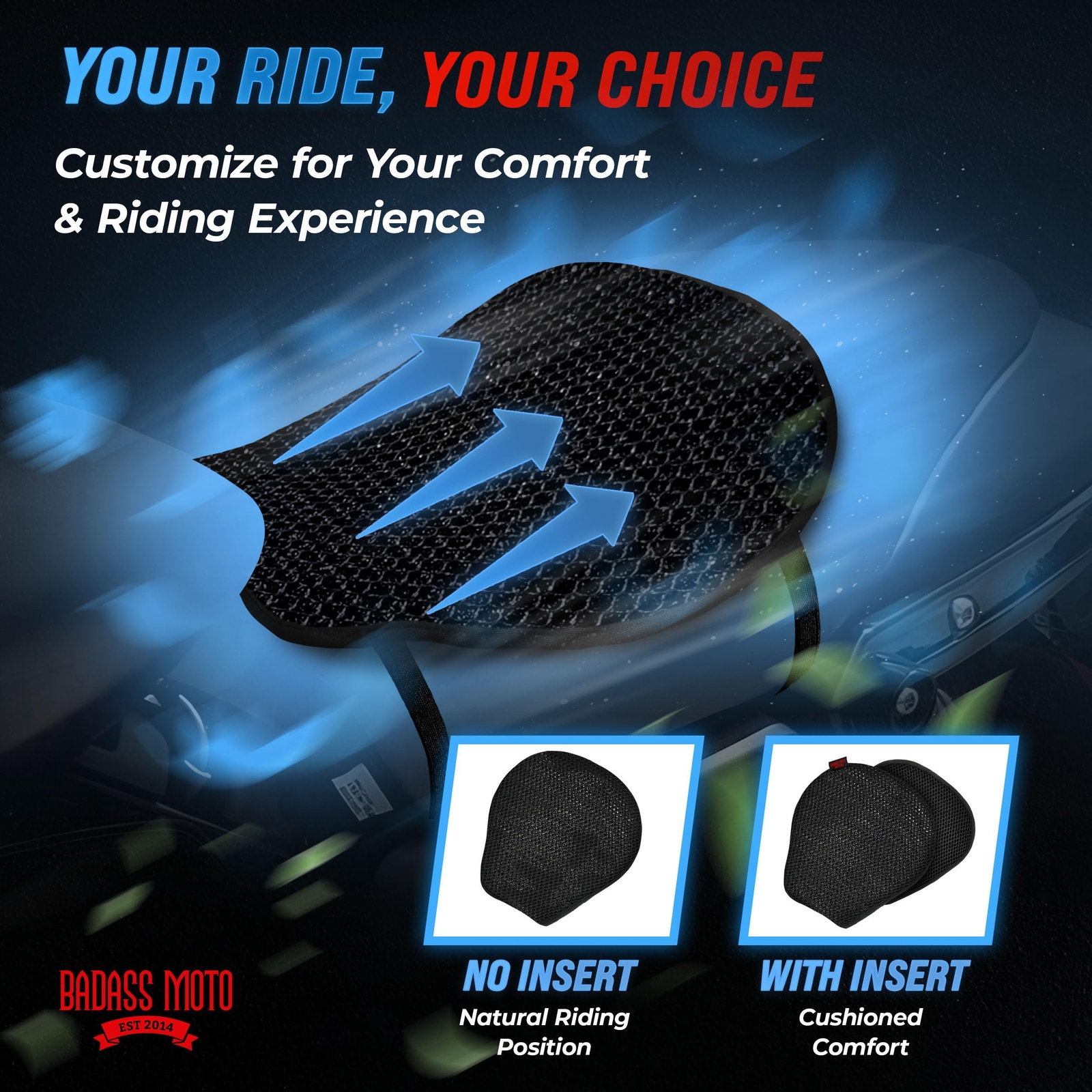 Badass Motorcycle Seat Pad Cushion 3D Mesh Air Cooling Insert Fit Cruiser Harley
