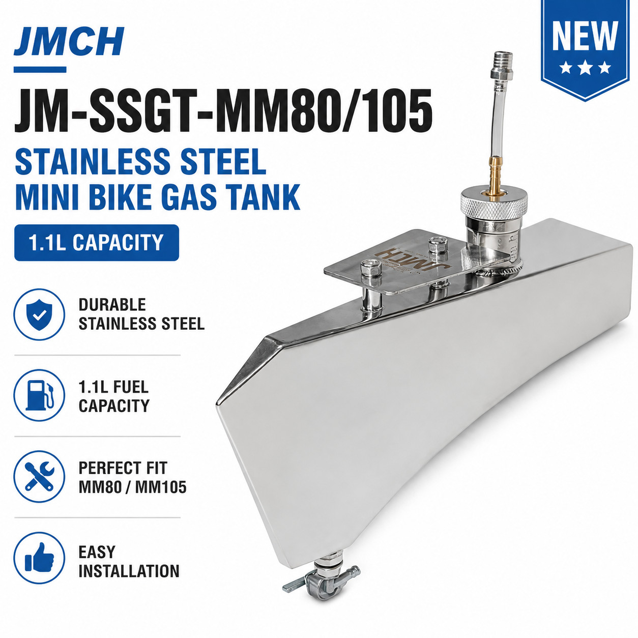 JMCH JM-SSGT-MM80/105 Stainless Steel 1.1L Mini Bike Gas Tank for Mega Moto New