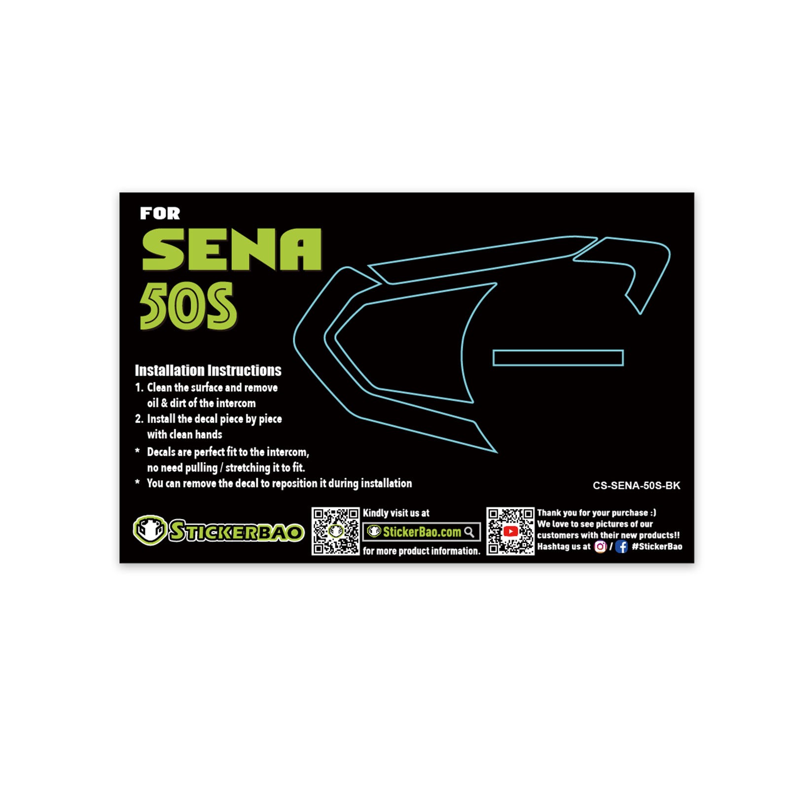 For SENA 50S Skin Decal Wrap Stickers Glossy Black