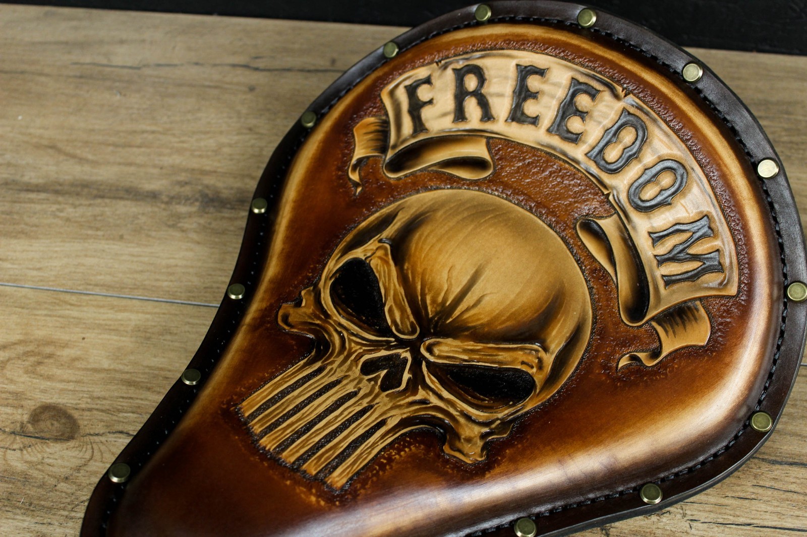Handmade Brown Leather Motorcycle Solo Seat Saddle Scull Punk Chopper Bobber S