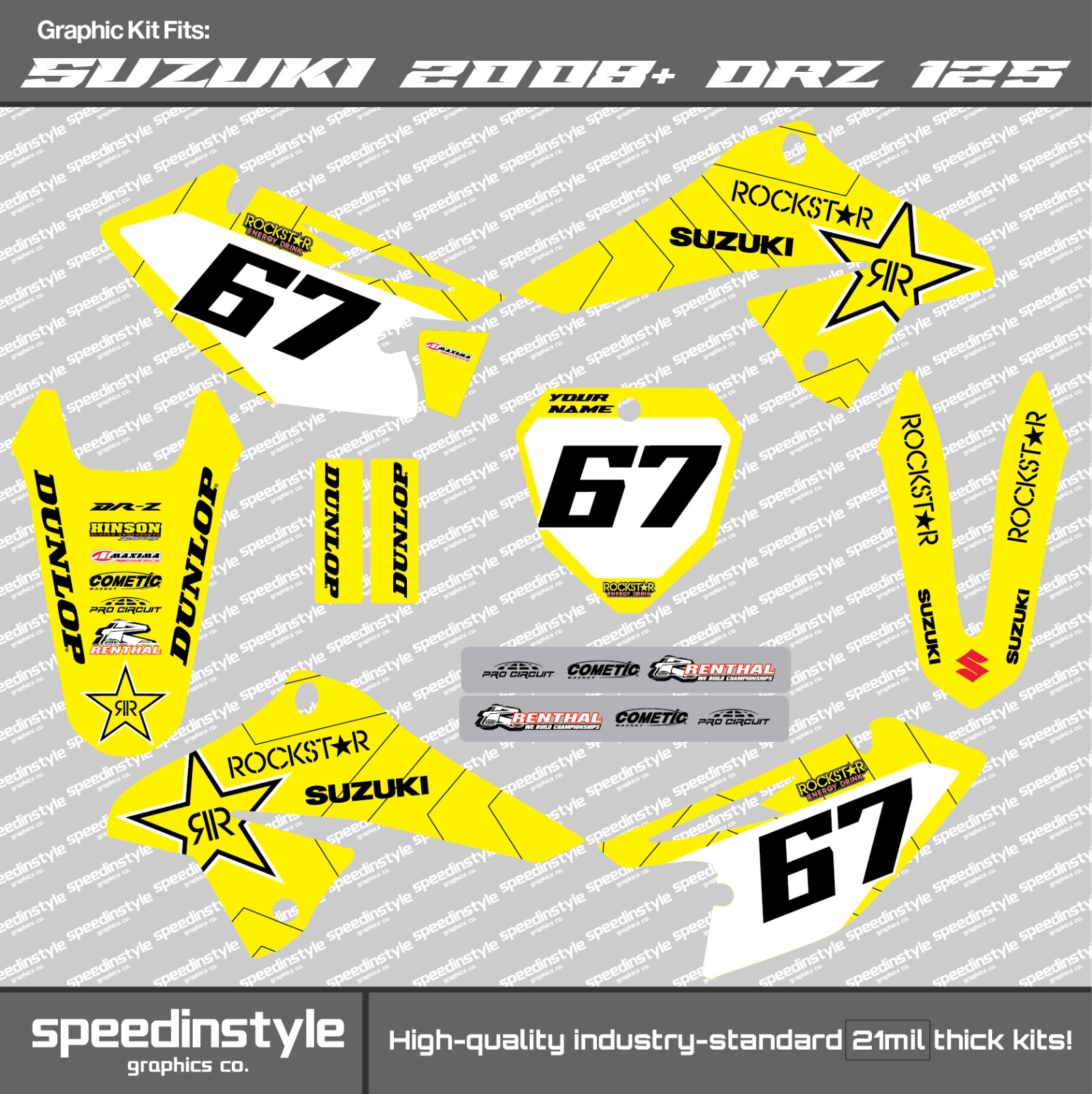 Graphics Decal Kit For Suzuki DRZ125 (2008-2021) DRZ 125 REV-YELLOW ROCKSTAR kit