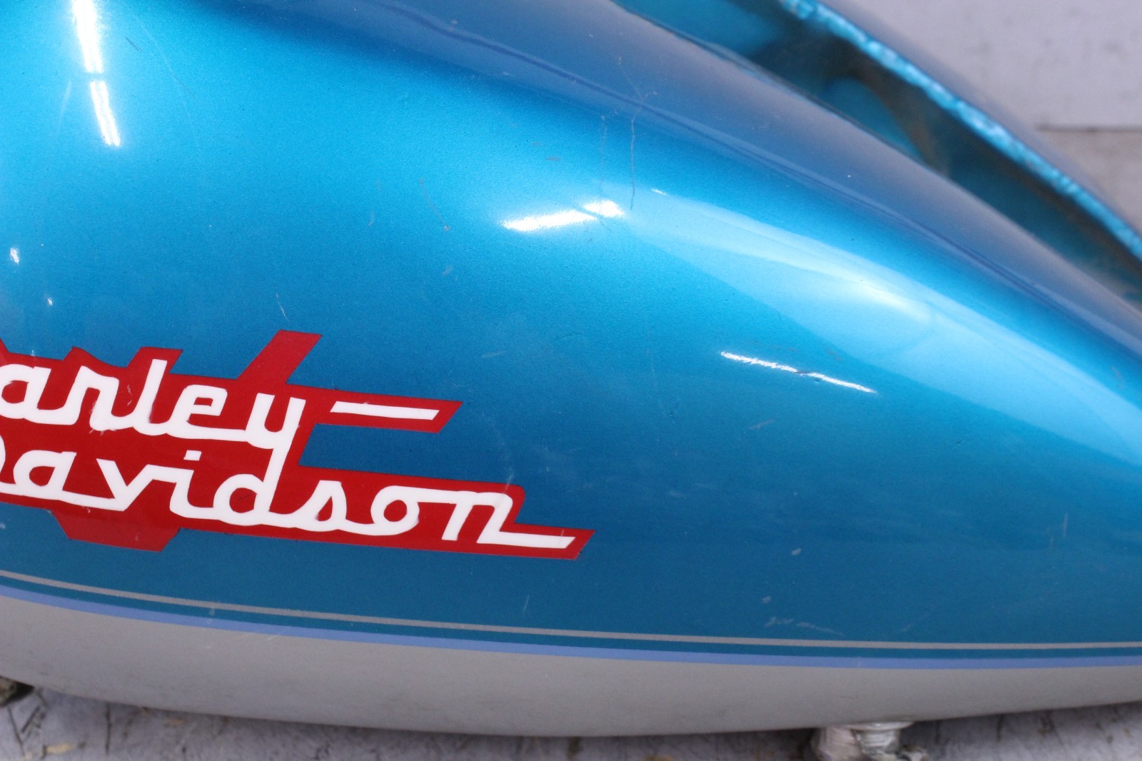 Harley Shovelhead Gas Tank Fuel Split Aftermarket Paint Silver and Aqua