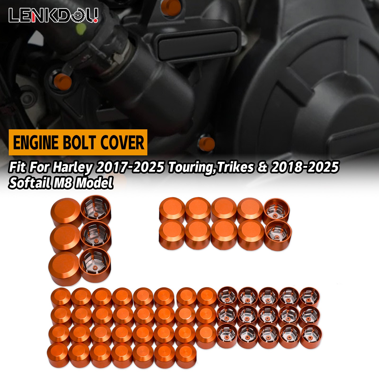 62X M8 Engine Bolt Topper Cap Cover Kit Orange For Harley Road Glide 17+ Softail