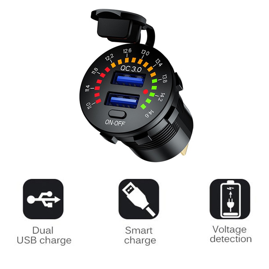 12V/24V Motorcycle Phone Charger Socket USB Ports Fast Charging W/LED Voltmeter
