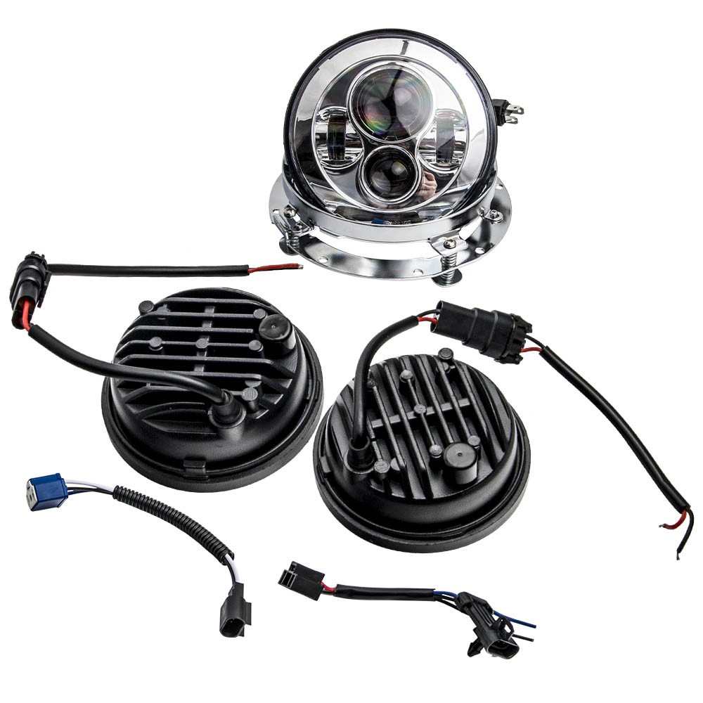 7″ Round Chrome LED Projector Headlight + Passing Lights 6000K-7000K 12V-30V DC