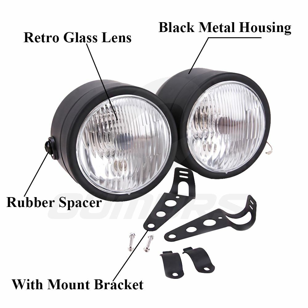 Black Twin Headlight Motorcycle Double Dual Lamp Street Fighter Universal