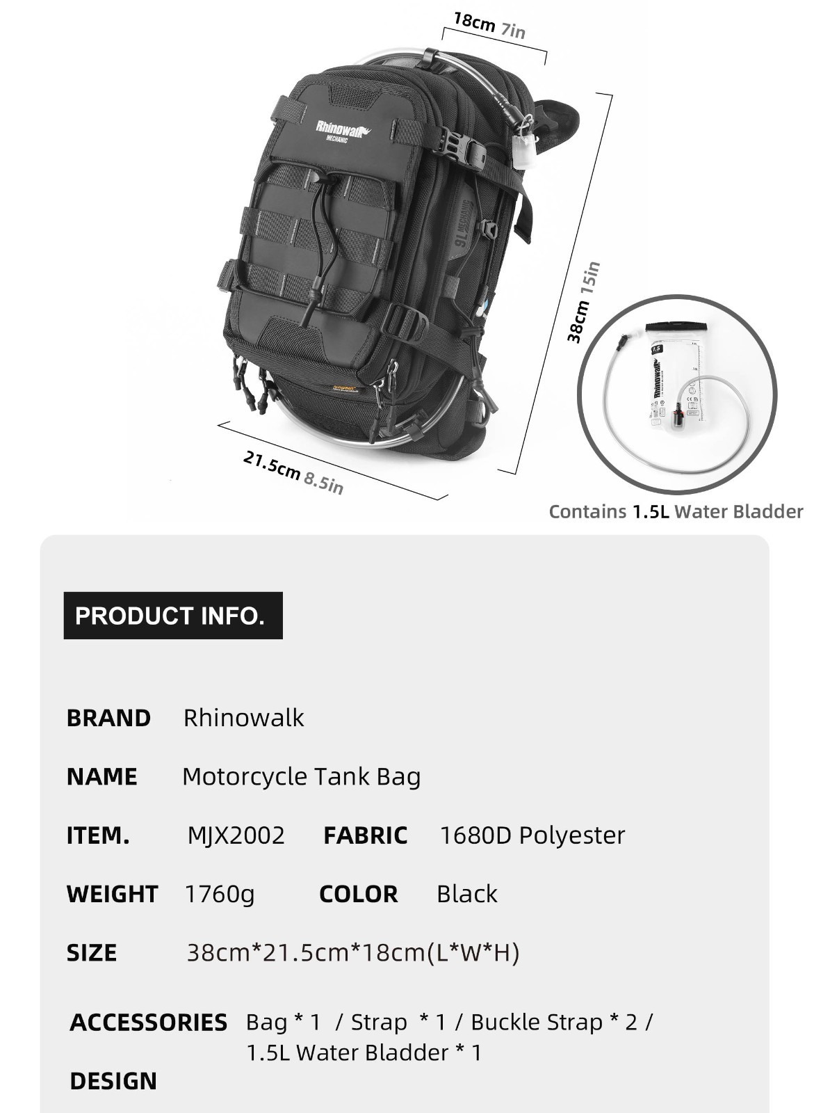 Rhinowalk Motorcycle Tank Bag 9L Versatile Backpack With 1.5L Water Bag MOLLE