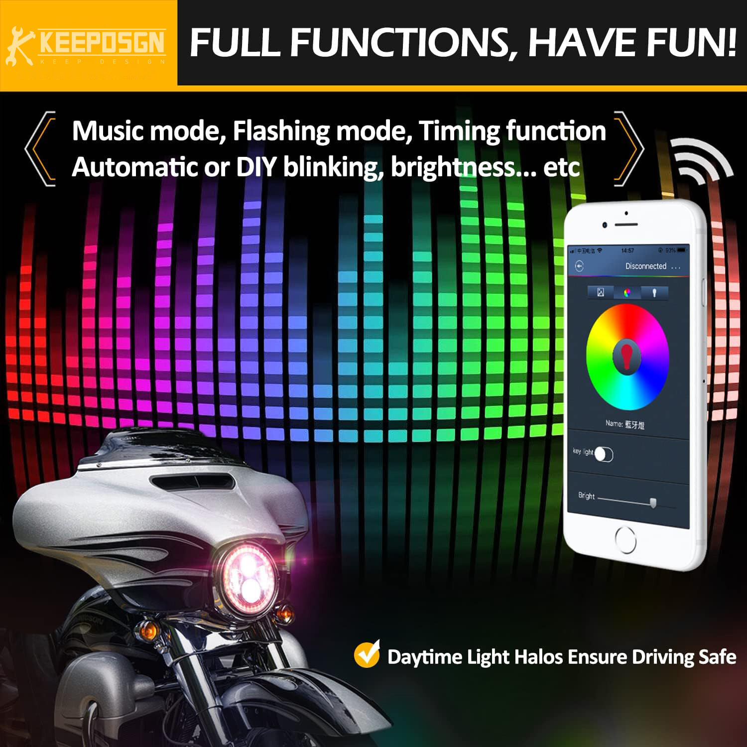 For Harley FHLX Street Glide RGB 7″ LED Projector Headlight App Remote Control