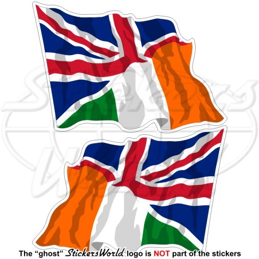 IRELAND-United Kingdom Flying Flag, Irish-UK British Union Jack 75mm Stickers x2