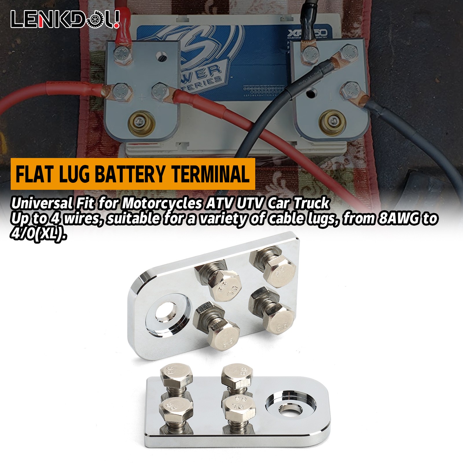 Pair of 4 Spot Flat Battery Terminal Car SAE Audio Top Post 4/0 AWG Lugs + Bolts