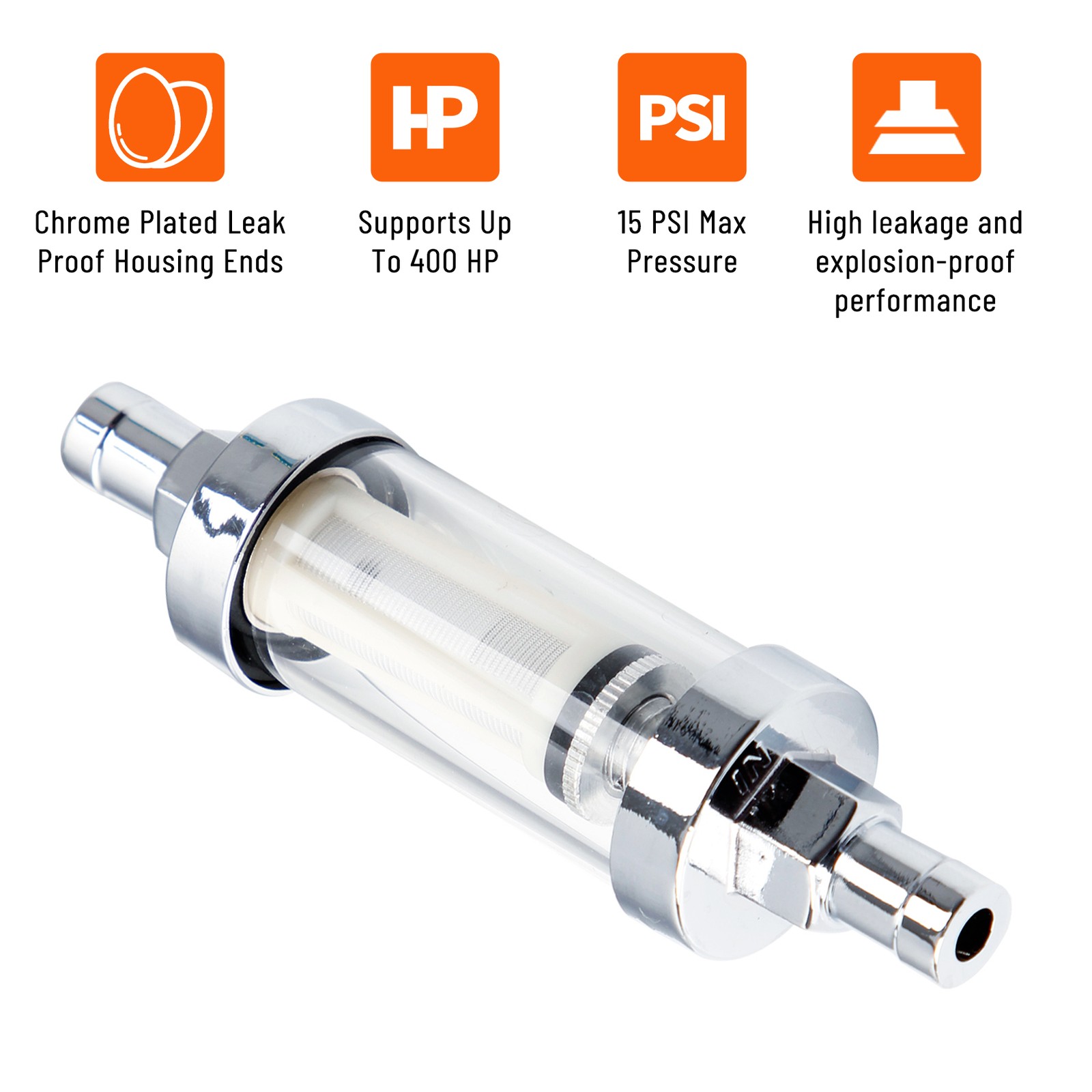 6mm 3/8 Chrome Finish Petrol In-Line Fuel Filter Simple To Install Clean
