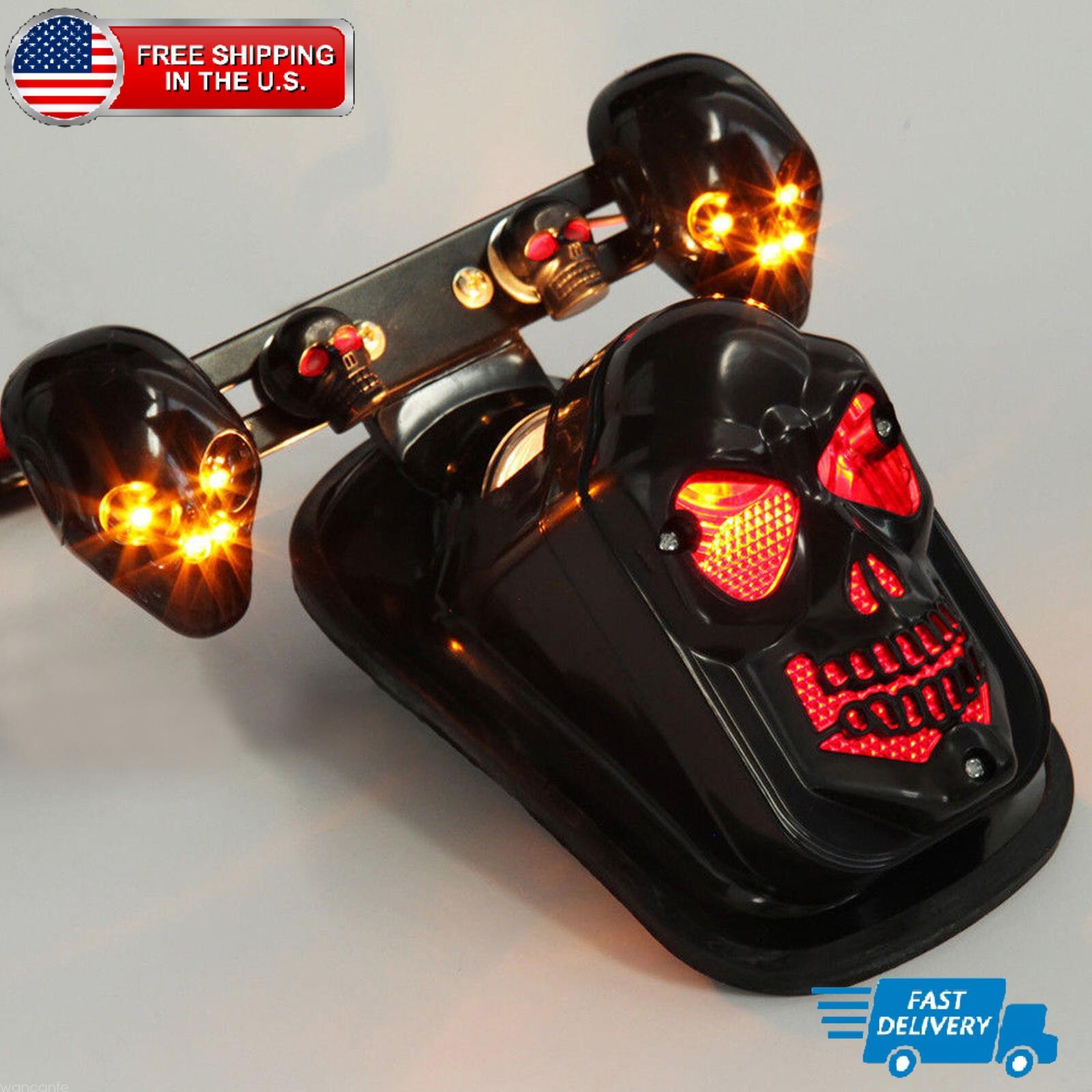 Black Motorcycle Skull Stop Brake Tail Light w/ LED Turn Signal for Harley Honda