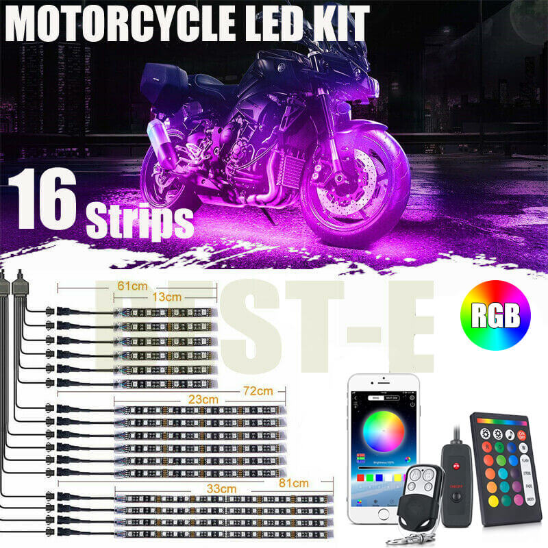 16pc Motorcycle LED Under Glow Light Kit Multi-Color Neon Strip APP Control