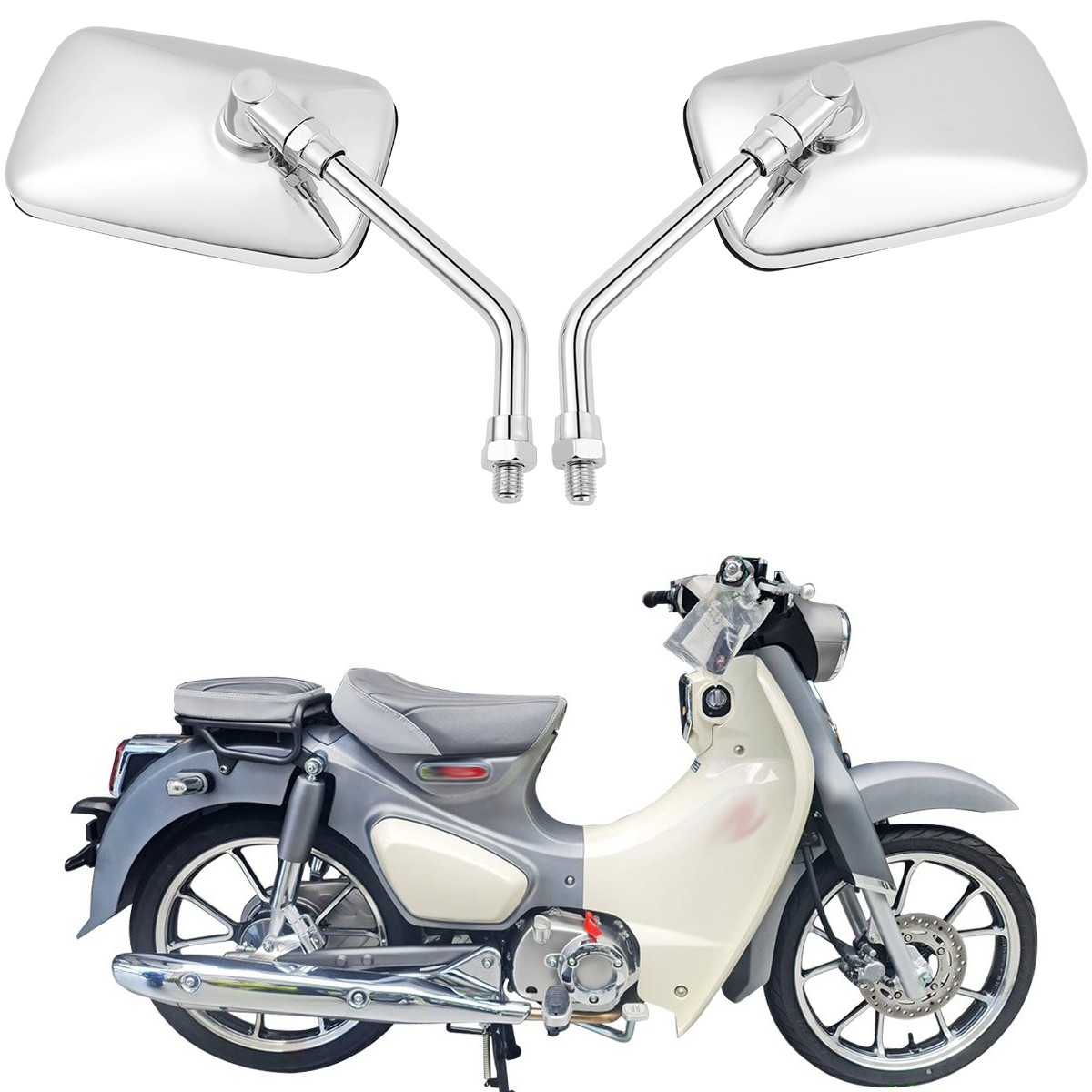 For Honda Super Cub C125 Pair Chrome Rectangle Motorcycle Rearview Mirrors 10MM