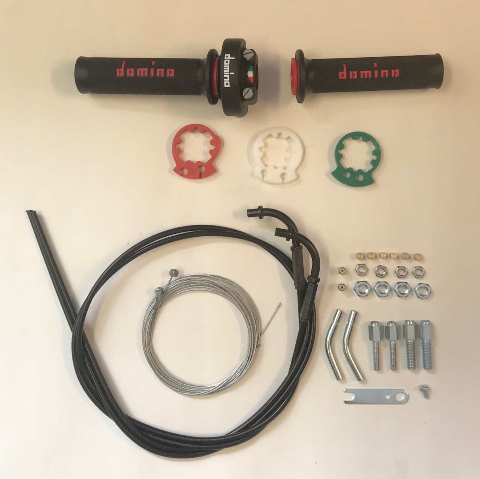 Domino XM2 Quick Action Throttle Universal Cable Set & Red Grips Race Track Bike