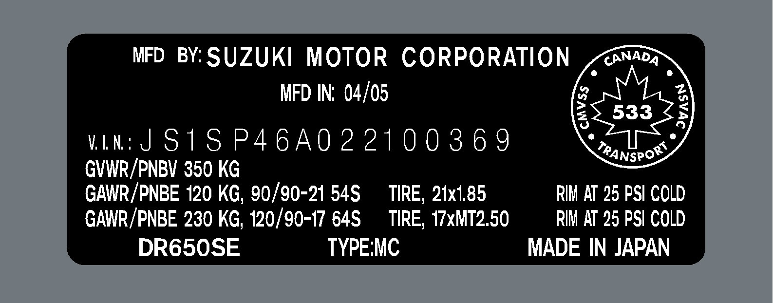 SUZUKI DR650SE CANADA HEADTUBE TAG / REPRO DECAL
