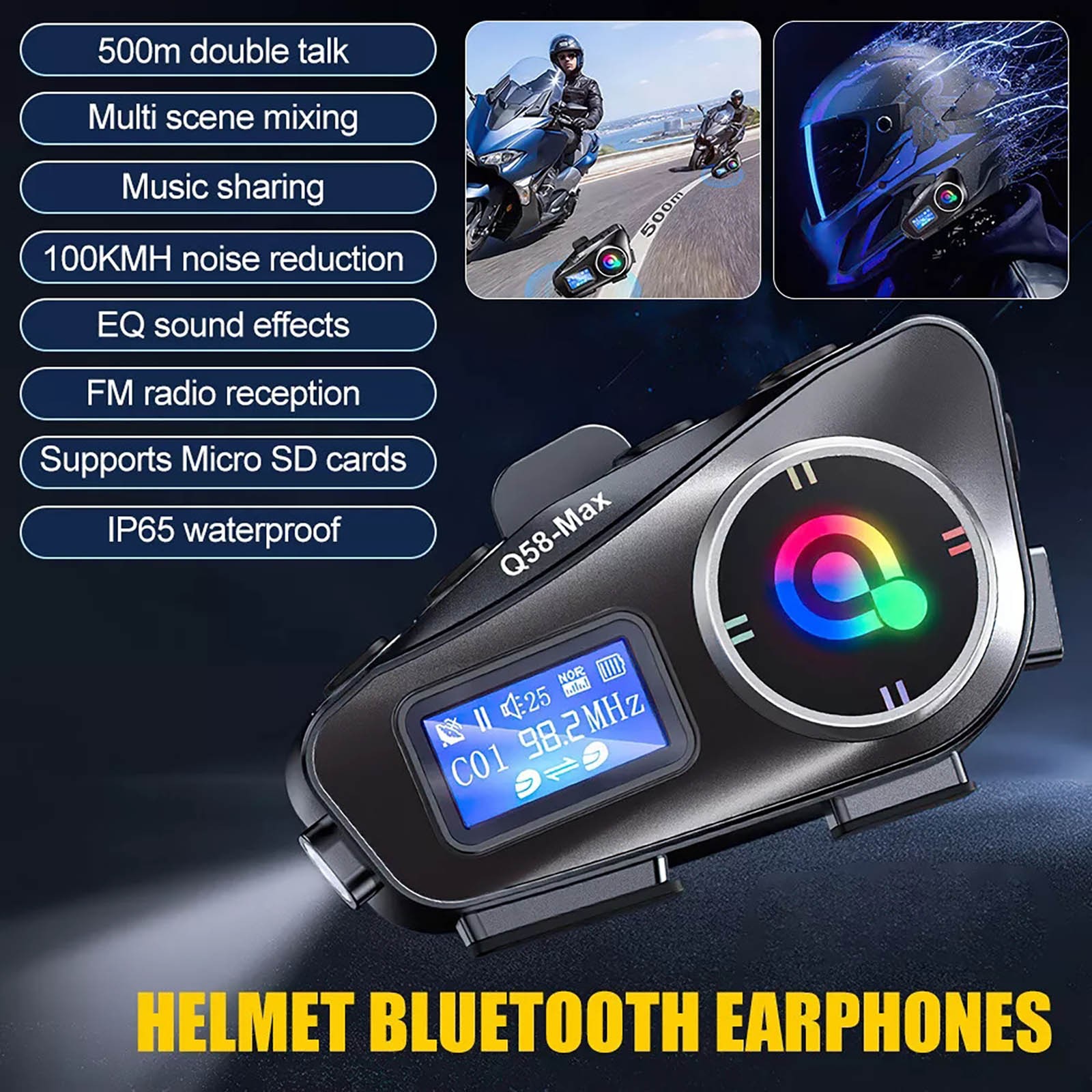 1000mAh Waterproof Bluetooth Headset Motorcycle Intercom Helmet LCD New