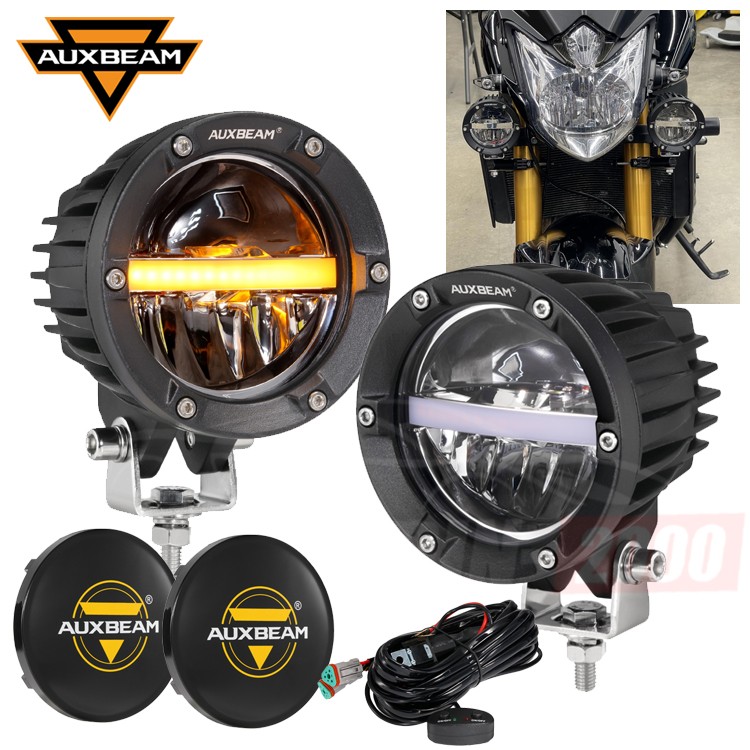 Auxbeam 110W Motorcycle 4In LED Offroad Round Pods Driving White Light+Amber DRL