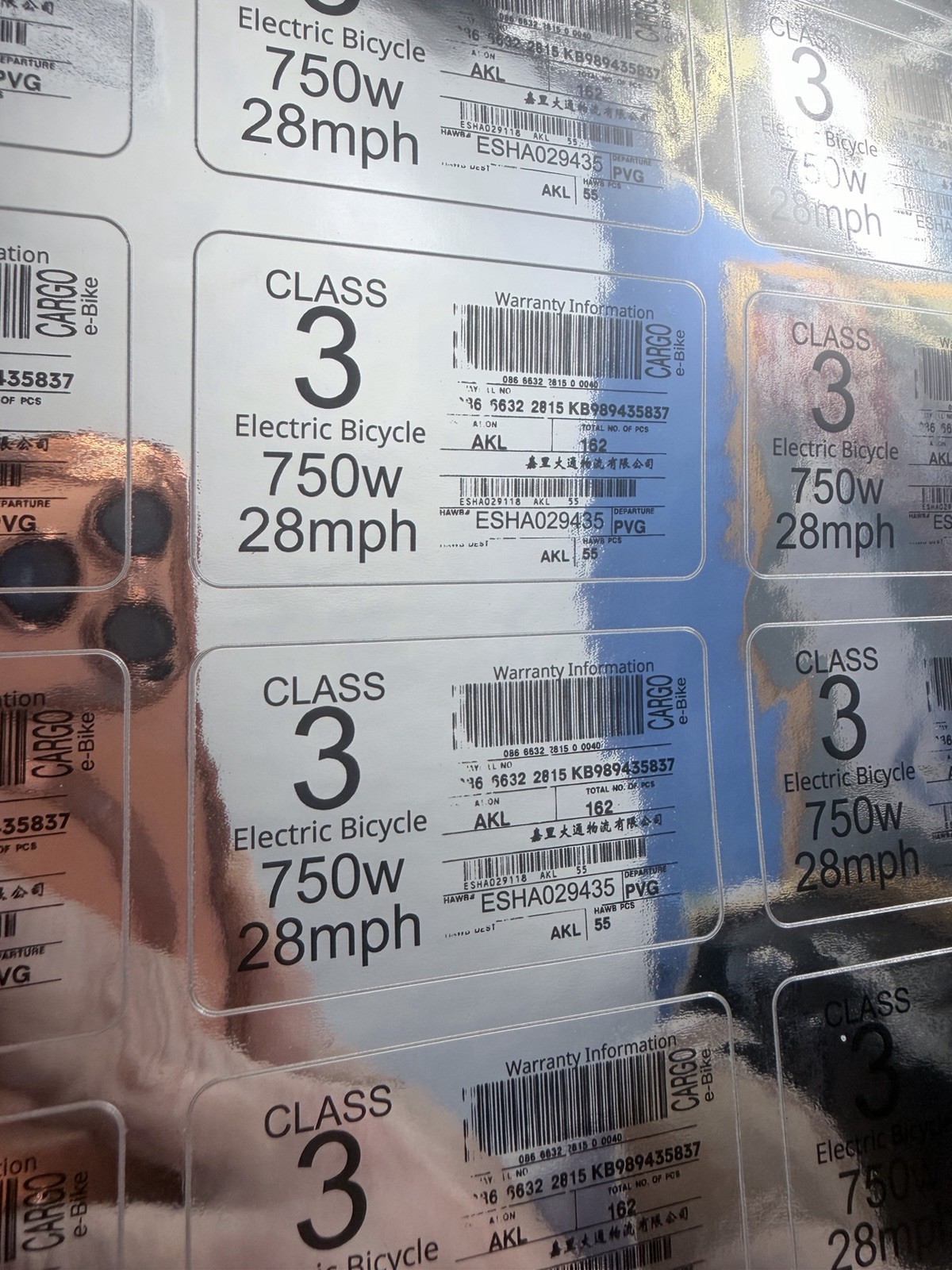 Class 3 E-Bike Stickers, Decals, 750W, 28MPH Reflective Metallic Silver