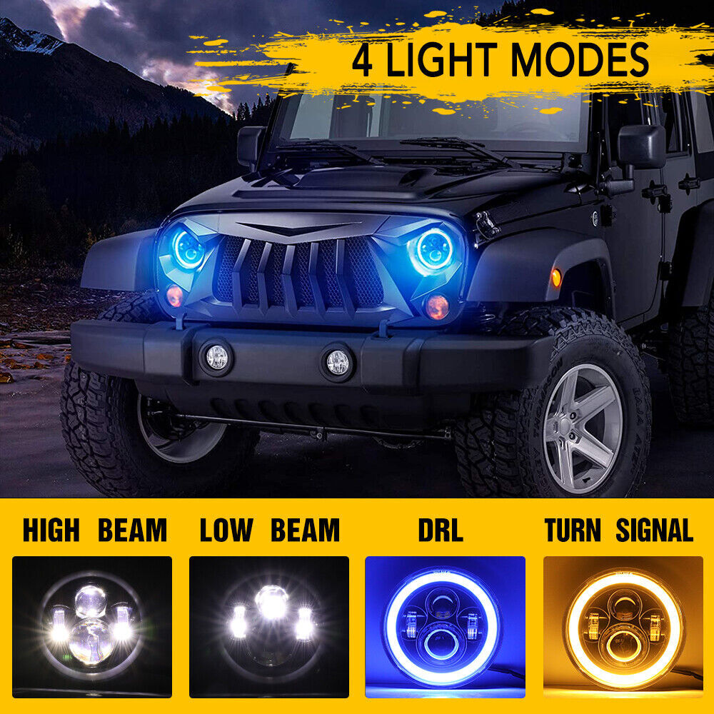 7″ Inch Motorcycle LED Headlight W/BLUE DRL Hi/Lo Beam Lamp For Motorbike Motor