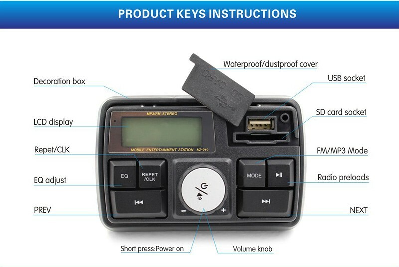 Handlebar Audio System FM Radio MP3 Stereo 2 Speaker for Motorcycle Bike