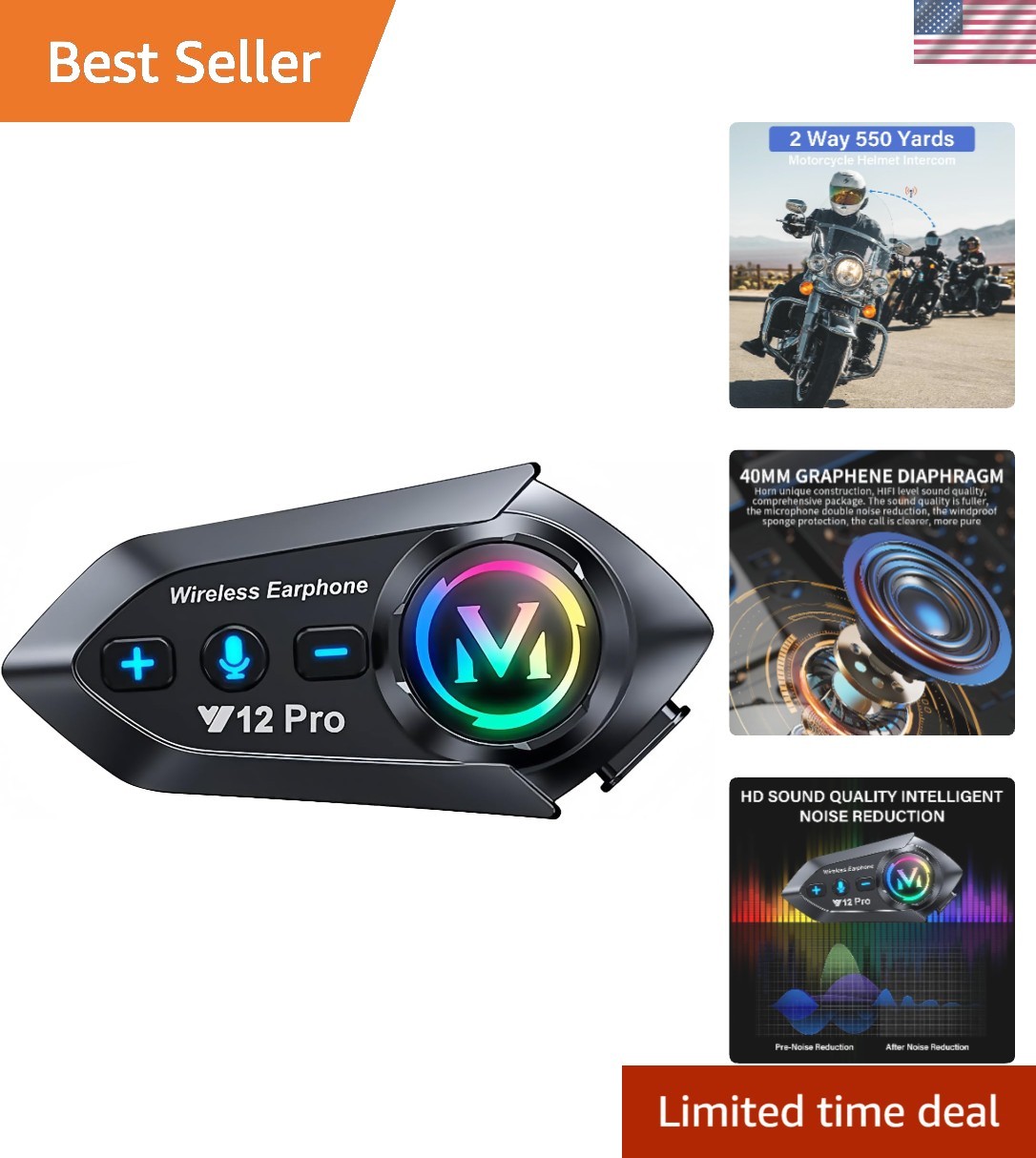 Motorcycle Helmet Bluetooth Headset 2 Way Intercom 550 Yards,HIFI Sound,Noise…