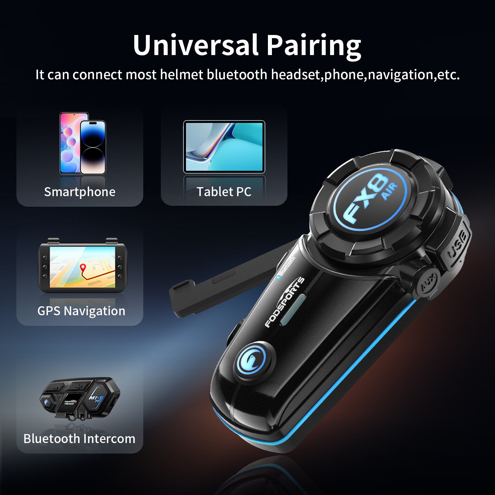 New FX8 Air Motorcycle Bluetooth Headset 4 Riders Group Helmet Intercom 1200m