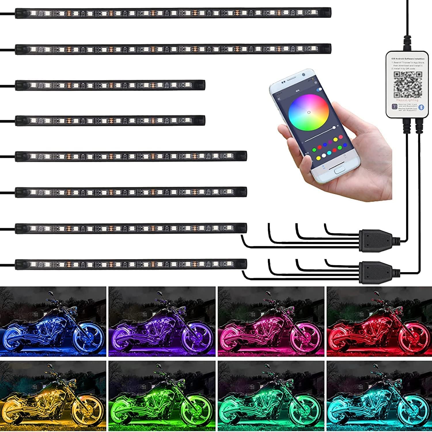 8PCS Motorcycle Underglow LED Light Kit, App Control Multicolor Motorcycle LED L