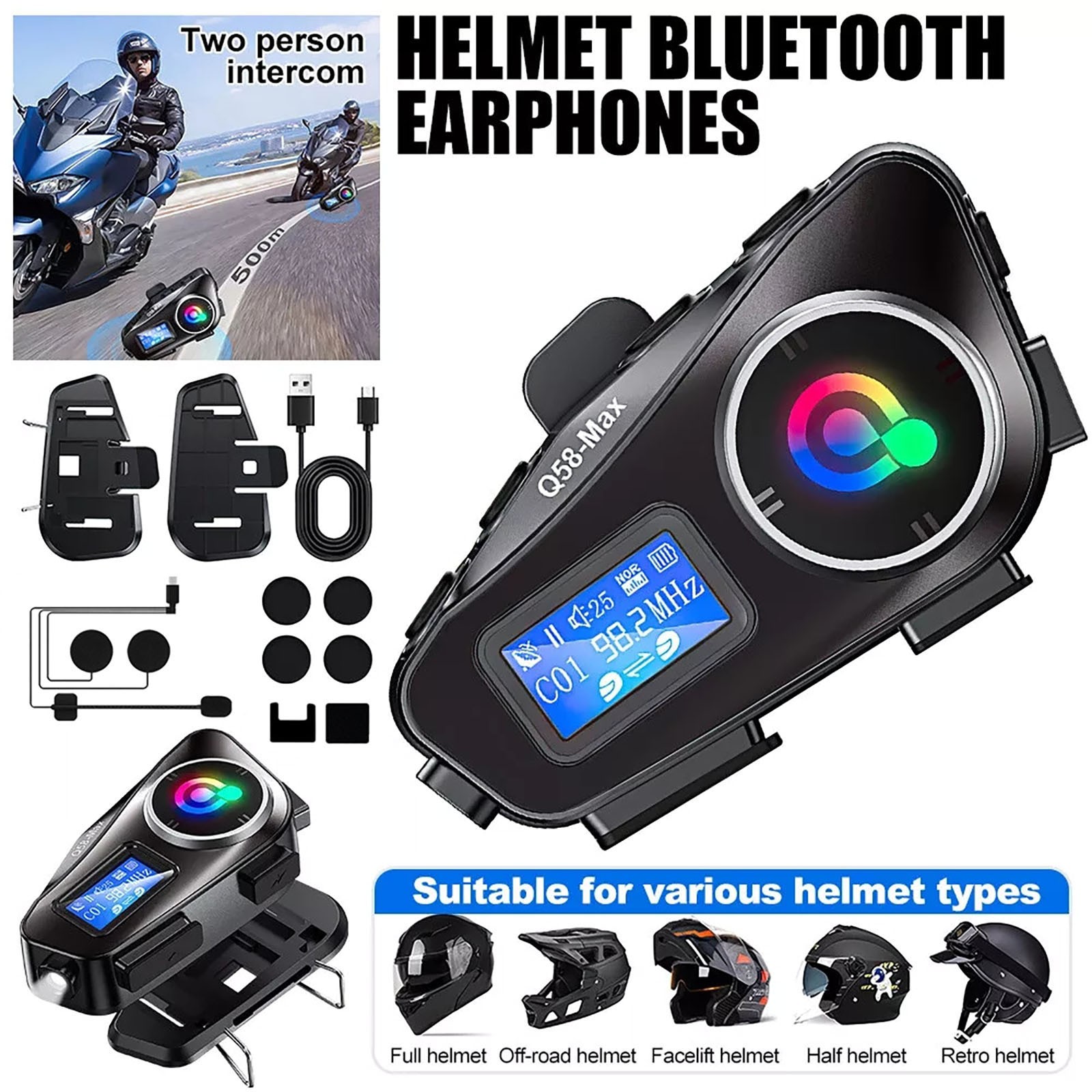 Hi-Fi unit Bluetooth Headset Motorcycle Waterproof Intercom Helmet LCD 1000mAh