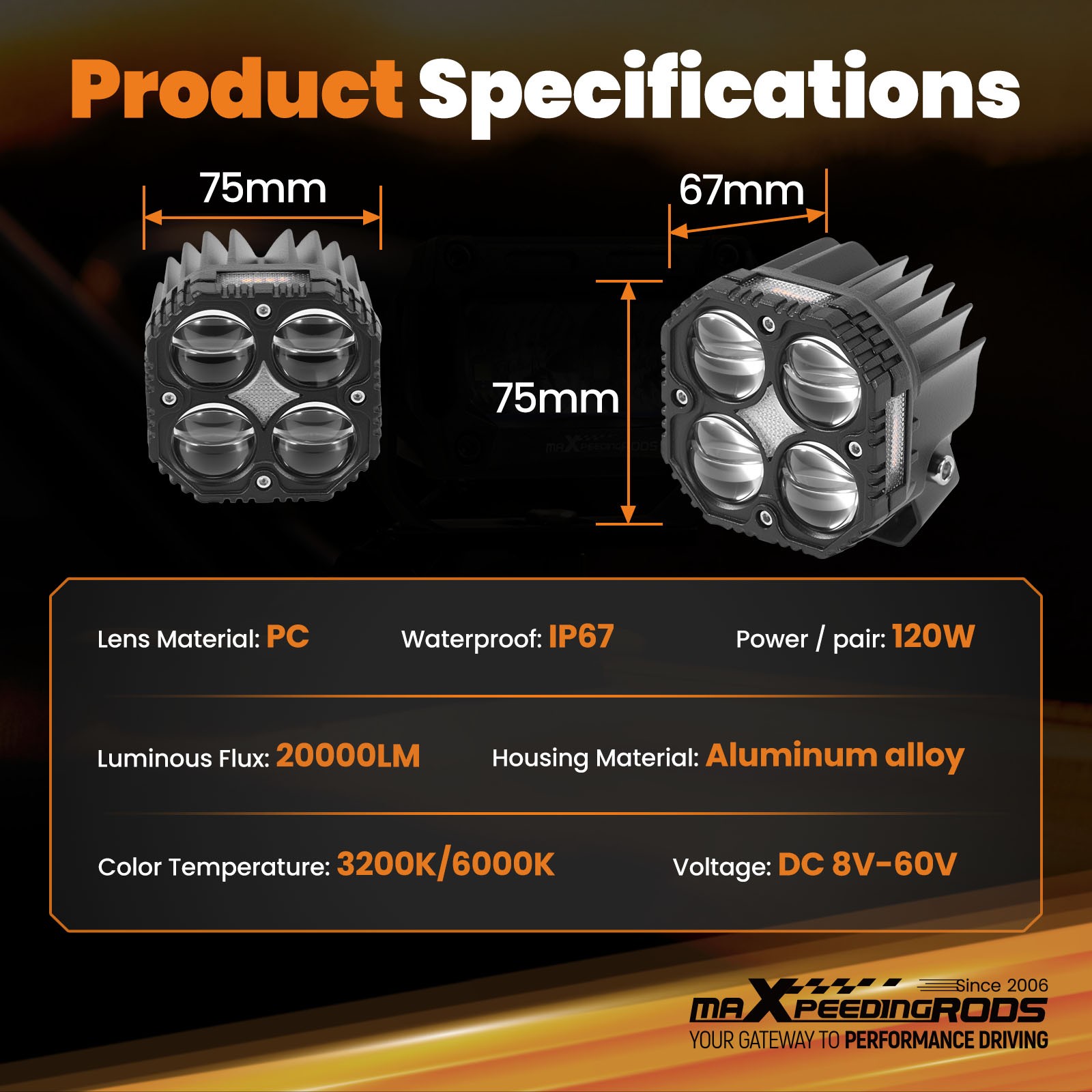 120W Auxiliary LED Motorcycle Spotlights for SUV Truck IP67 Waterproof