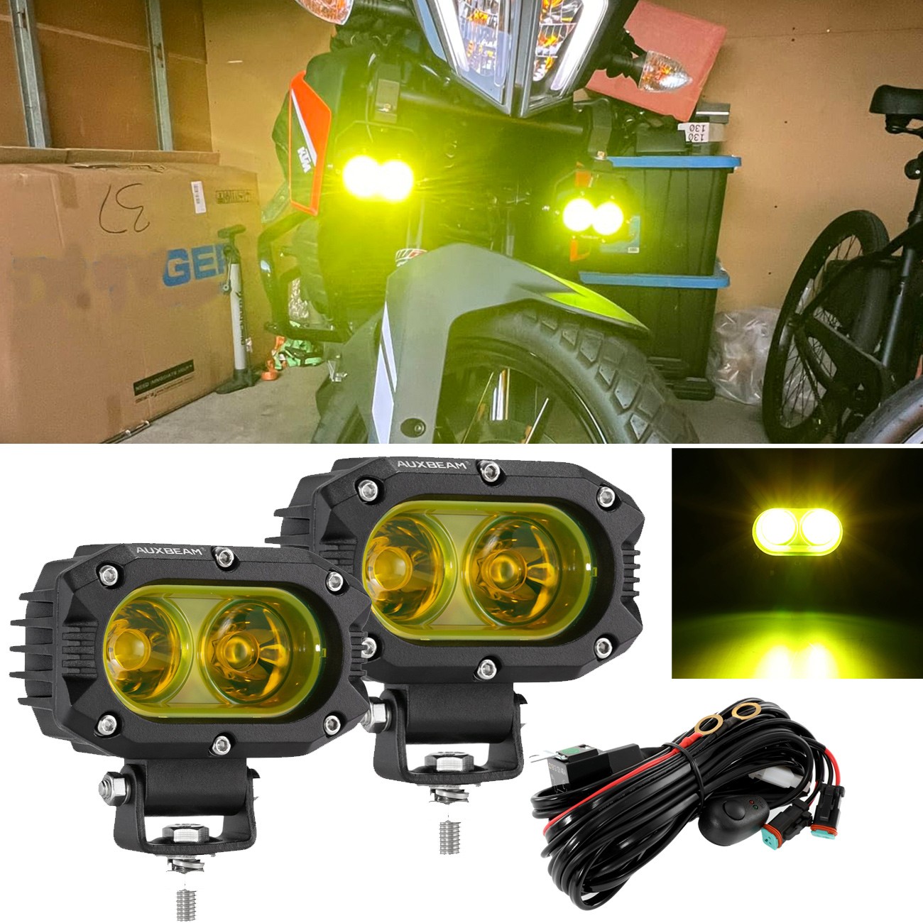 Auxbeam 4″ INCH Amber LED Work Light Offroad Flood Pods For Harley Motorcycle